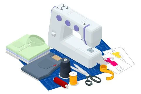 Isometric sewing workshop collection. Textile industry. Sewing accessories and Stock Illustration