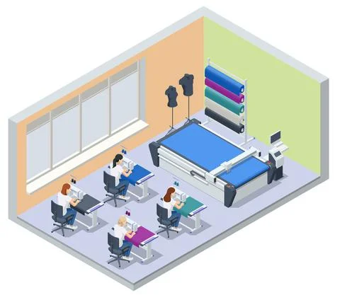 Isometric sewing workshop collection. Textile industry. Sewing accessories and Stock Illustration