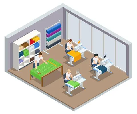 Isometric sewing workshop collection. Textile industry. Sewing accessories and Stock Illustration