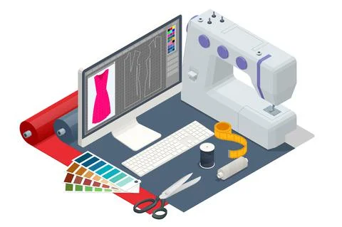 Isometric sewing workshop collection. Textile industry. Sewing accessories and Stock Illustration