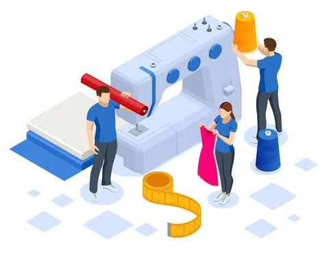 Isometric sewing workshop collection. Textile industry. Sewing accessories and Stock Illustration