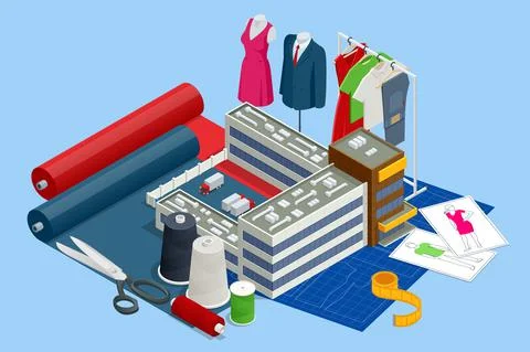 Isometric sewing workshop collection. Textile industry. Sewing accessories and Stock Illustration