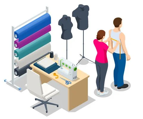 Isometric sewing workshop collection. Textile industry. Sewing accessories and Stock Illustration