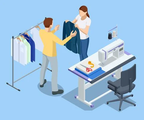 Isometric sewing workshop collection. Textile industry. Sewing accessories and Stock Illustration