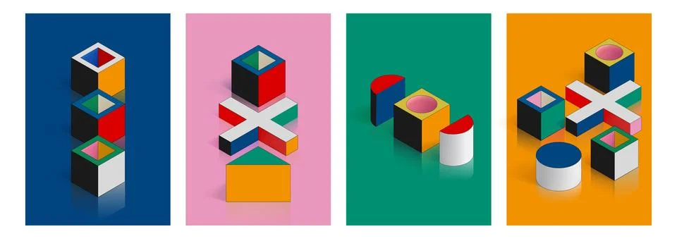 Isometric shape. Abstract poster design for school. Figures stack. Geometry c Stock Illustration