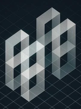 Isometric shape made of intersecting lines on a dark grid background 3d Stock Illustration