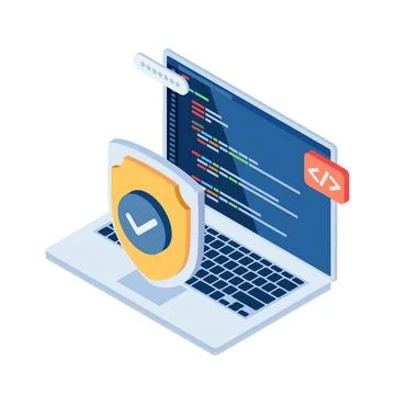 Isometric Shield and Laptop with Computer Programing Language Code on Monitor Stock Illustration