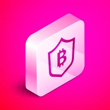 Isometric Shield with bitcoin icon isolated on pink background. Cryptocurrency 스톡 일러스트