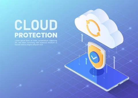 Isometric Shield Protecting Data Tranfer From Smartphone to Cloud Stock Illustration
