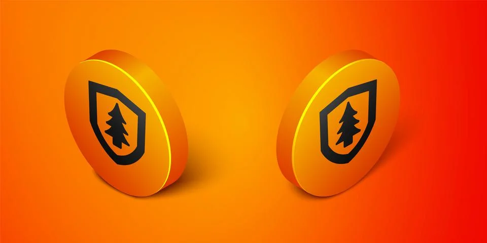 Isometric Shield with tree icon isolated on orange background. Eco-friendly s Stock Illustration
