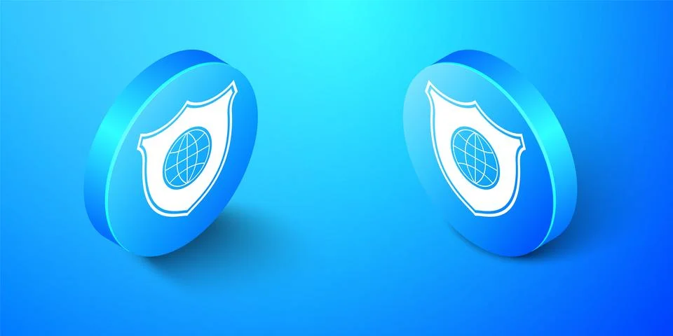 Isometric Shield with world globe icon isolated on blue background. Security Stock Illustration