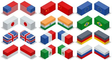 Isometric shipping container with flag of the United States, India, Brasil, UK Stock Illustration