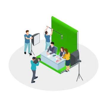 Isometric shooting TV show. Vector TV hosts, make-up artist, film crew. Show Stock Illustration