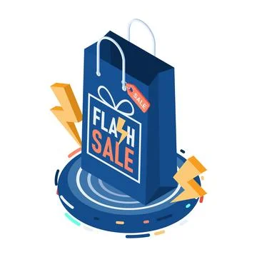 Isometric Shopping Bag on Platform with Lightning Bolt Stock Illustration
