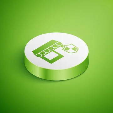 Isometric Shopping building with shield icon isolated on green background Ilustración de archivo