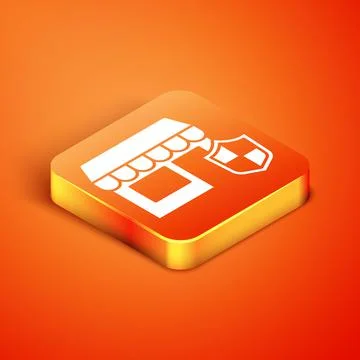 Isometric Shopping building with shield icon isolated on orange background Ilustración de archivo