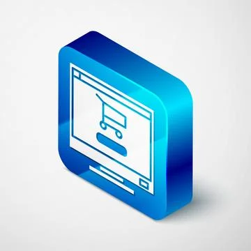 Isometric Shopping cart on screen computer icon isolated on grey background Illustrazione stock