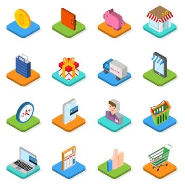 Isometric shopping icon set. 3D vector symbols. Stock Illustration