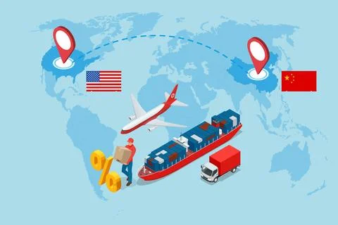 Isometric showing rising US import tariffs, affecting global logistics with Stock Illustration