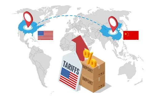 Isometric showing rising US import tariffs, affecting global logistics with Stock Illustration