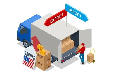 Isometric showing rising US import tariffs, affecting global logistics with Stock Illustration