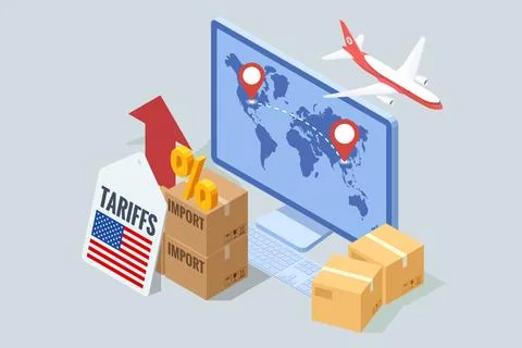 Isometric showing rising US import tariffs, affecting global logistics with Stock Illustration