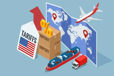 Isometric showing rising US import tariffs, affecting global logistics with Stock Illustration