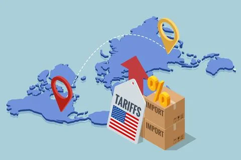 Isometric showing rising US import tariffs, affecting global logistics with Stock Illustration