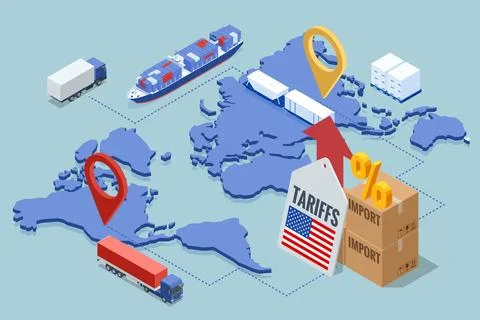 Isometric showing rising US import tariffs, affecting global logistics with Stock Illustration