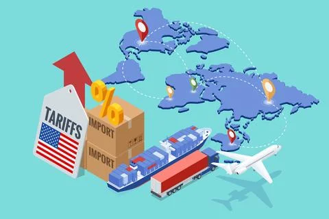 Isometric showing rising US import tariffs, affecting global logistics with Stock Illustration