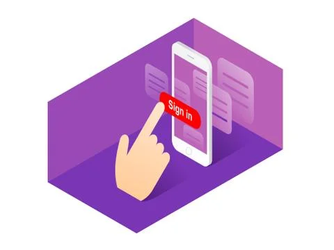Isometric sign in button on phone screen Stock Illustration