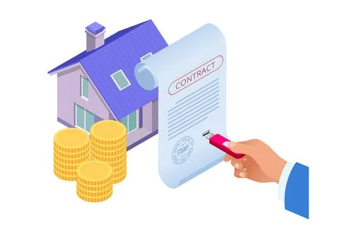 Isometric signed property purchase agreement, buyer. Mortgage online, new home Stock Illustration