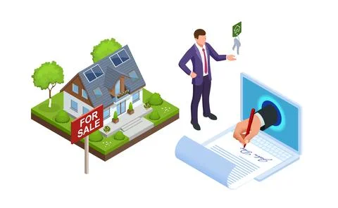 Isometric signed real estate purchase or lease agreement. Buyer. Mortgage online Stock Illustration