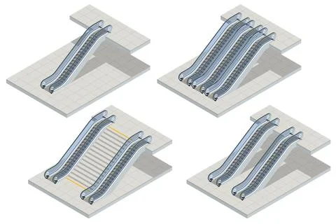 Isometric single, double and triple excalator realistic isolated on white Illustrazione stock