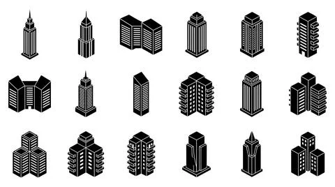 Isometric skyscraper and modern building silhouette icon collection set Stock Illustration