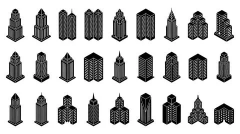 Isometric skyscraper building icons set for urban planning with pointed spires Stock Illustration