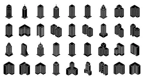 Isometric skyscraper building silhouette icon set for urban city planning Stock Illustration