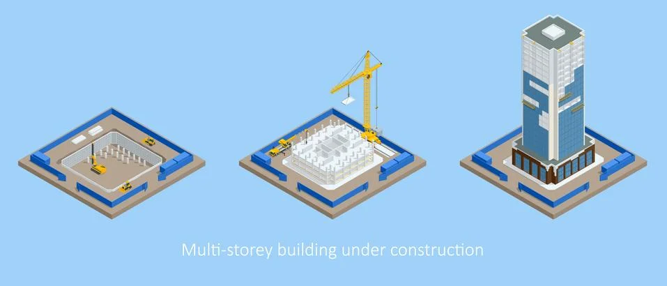 Isometric Skyscraper construction process. Building crane, multi-storey building Stock Illustration