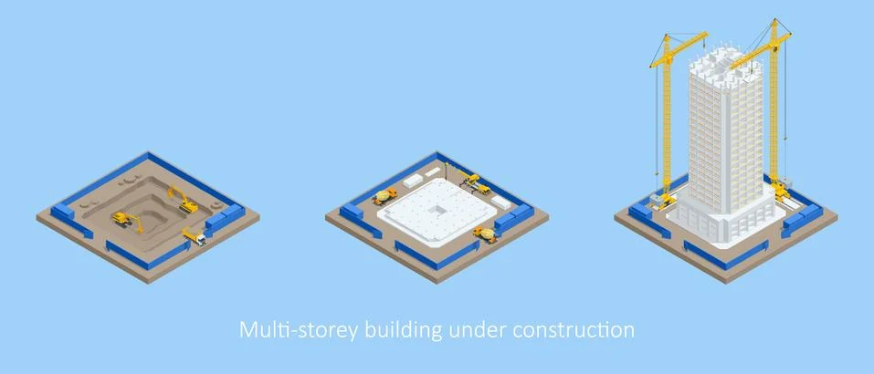 Isometric Skyscraper construction process. Building crane, multi-storey building Ilustración de archivo