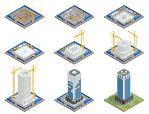 Isometric Skyscraper construction process. Building crane, multi-storey building Ilustración de archivo