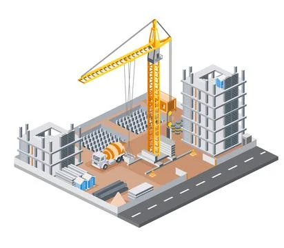 Isometric skyscraper construction site with tower crane, concrete mixer tru.. Stock Illustration