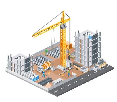 Isometric skyscraper construction site with workers, tower crane, trucks, a.. Stock Illustration