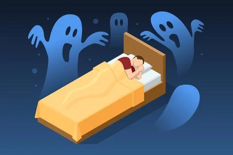 Isometric sleeping man has nightmares. Horrible dream. Stress and night terrors Stock Illustration