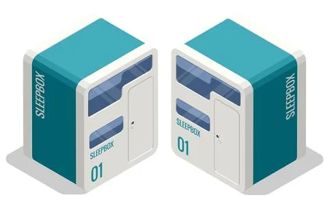 Isometric Sleeping Space Capsule Homes. Sleeping People in Smart Capsule Hotel Stock Illustration