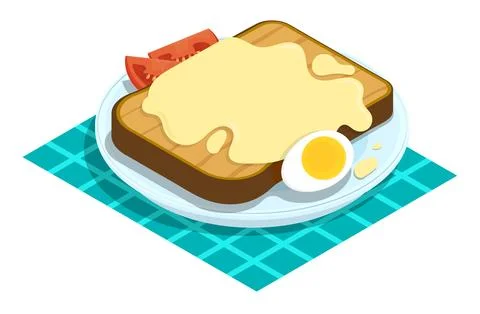 Isometric slice of bread with melted cheese, butter and tomatoes on plate. Ta Stock-Illustration