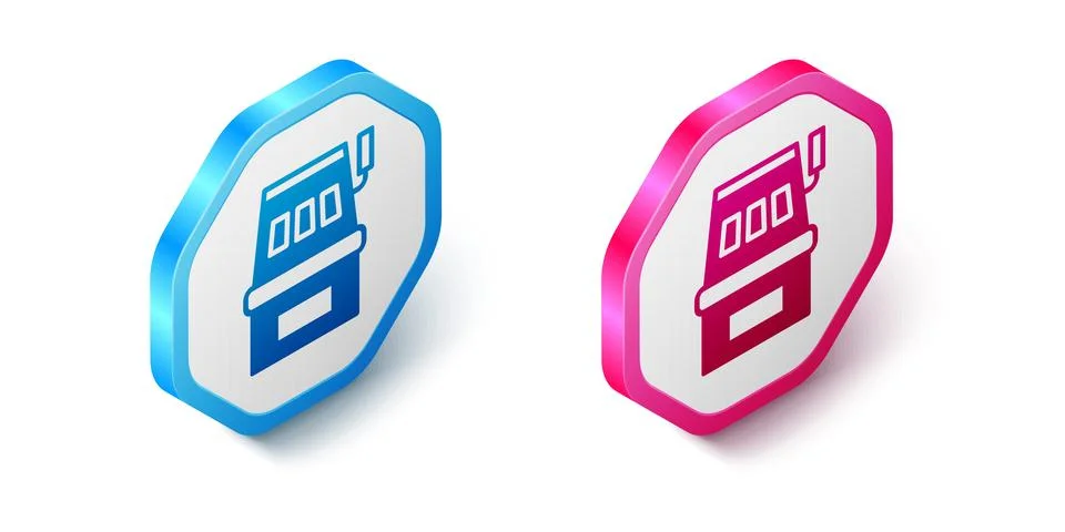 Isometric Slot machine icon isolated on white background. Hexagon button. V.. Illustrazione stock