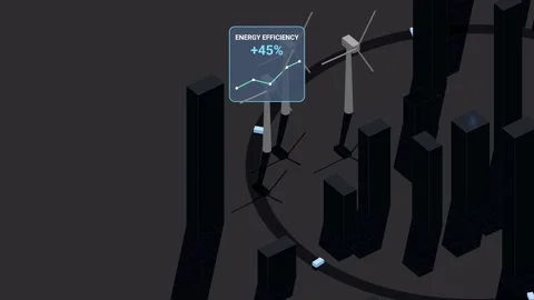 Isometric Smart City Animation With Wind Turbines And Solar Panels Stock Footage 340860443