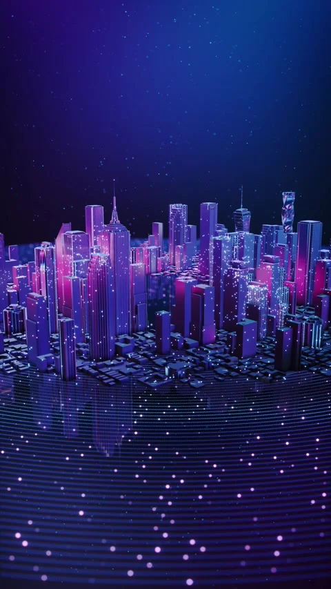 Isometric Smart City Digital Twin with Neon Network Rings Stock Footage 342612737