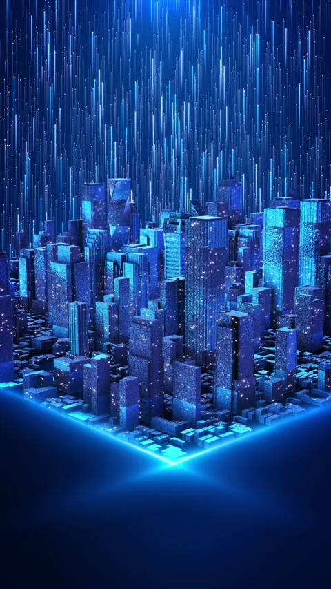 Isometric Smart City with Glowing Vertical Data Connections Stock Footage 342611534