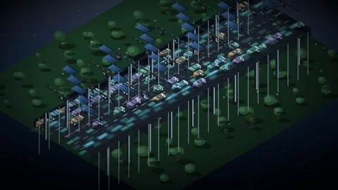 Isometric Smart Highway Loop - Autonomous Car Toll Booth Night Backdrop Stock Footage 341869367